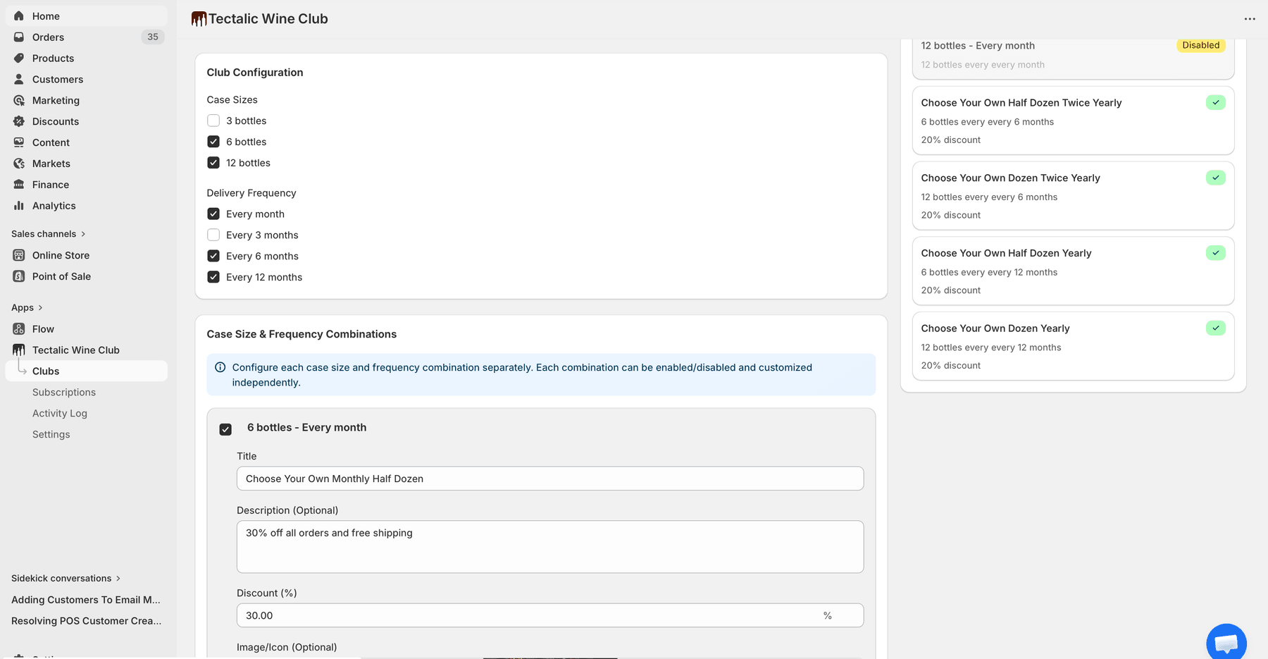 Club configuration in the Shopify admin: case sizes, delivery frequencies and combinations