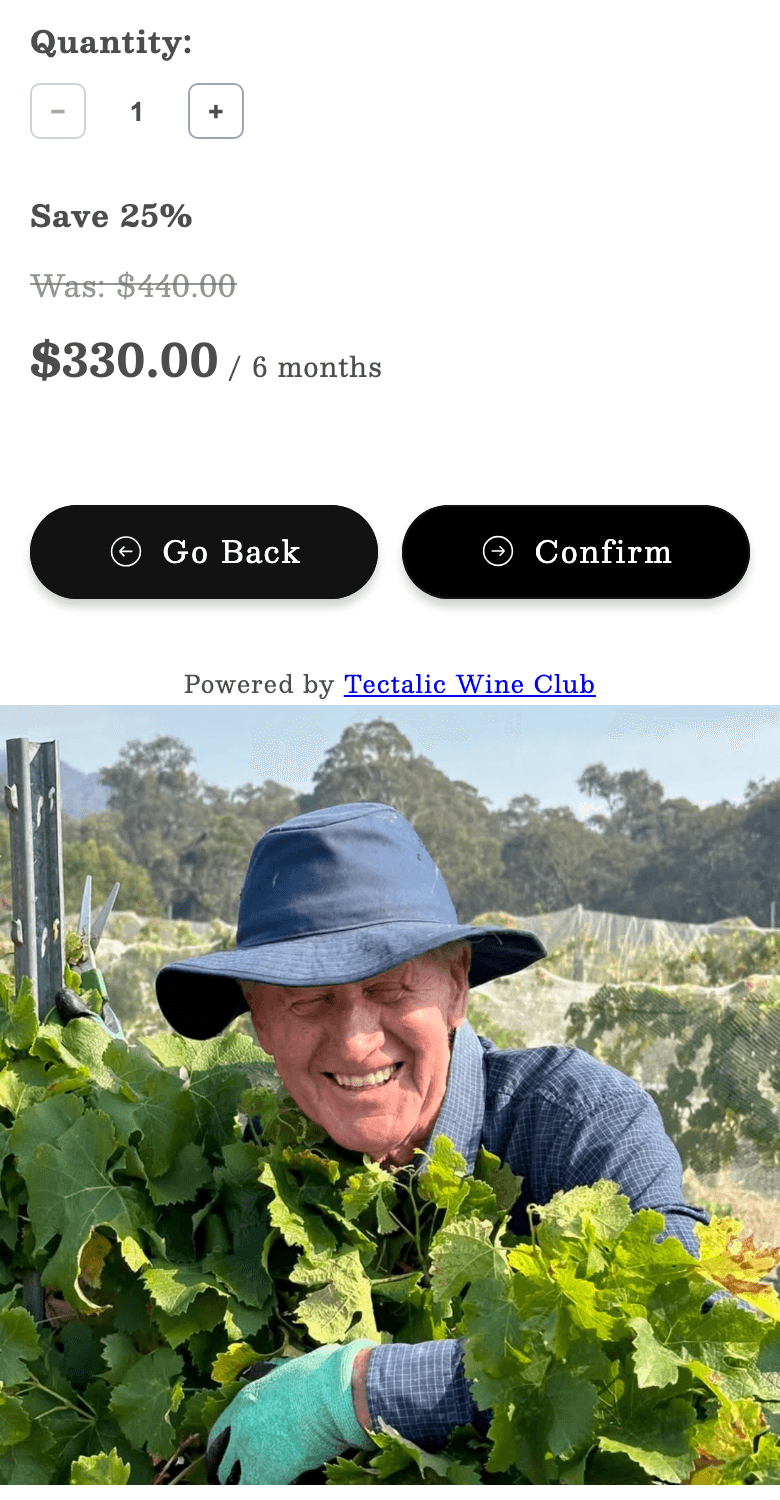 Step 3 on Grape Farm Winery's site: the order summary with club price and the Confirm button