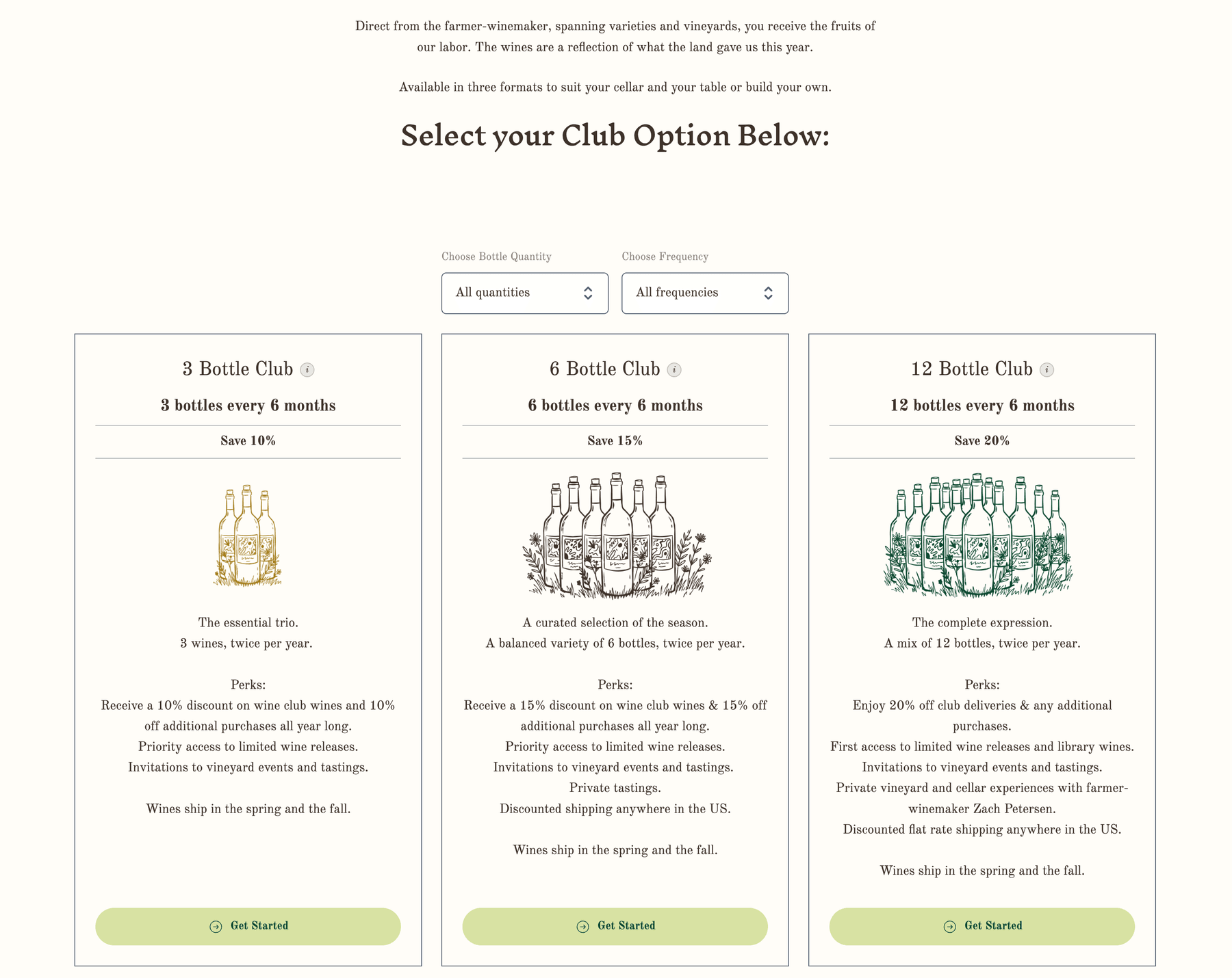 The club picker running live on Mazette Wines' store, showing their three club sizes in their own theme's serif type and colours