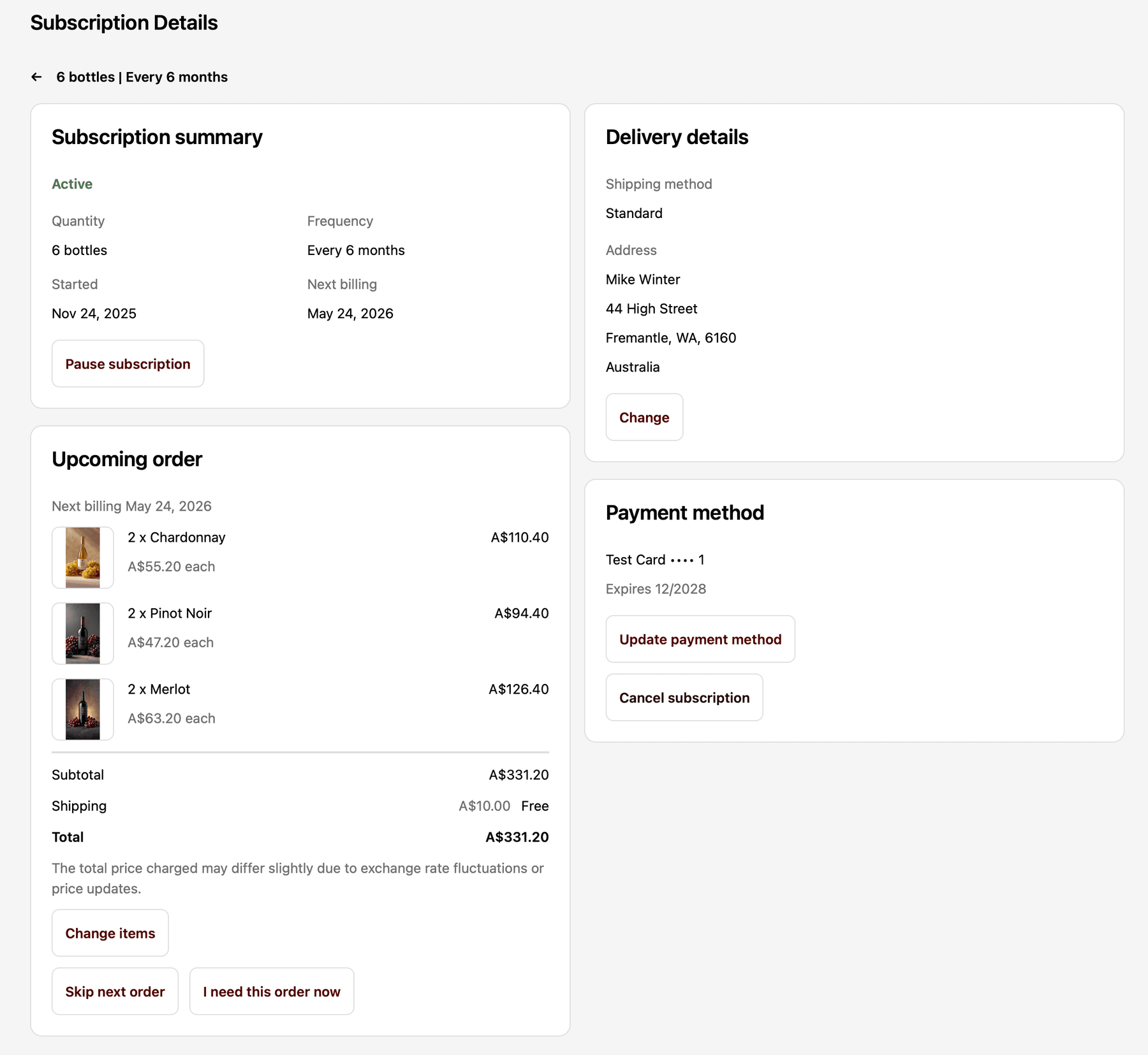 Subscription details in the member portal: summary, upcoming order, delivery details and payment method